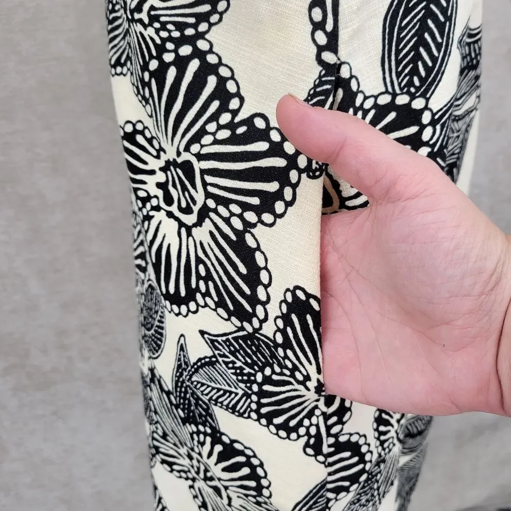 J Crew Women Sleeveless Polynesian Floral Print Dress Ivory Black A-Line Cotton